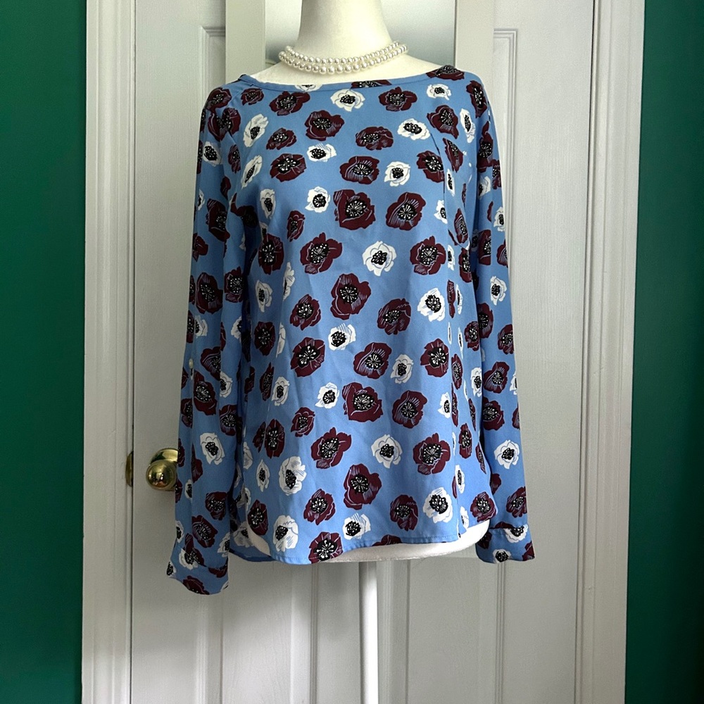 LOFT Blue/Cranberry/White Floral Long Sleeve Blouse Small Petite